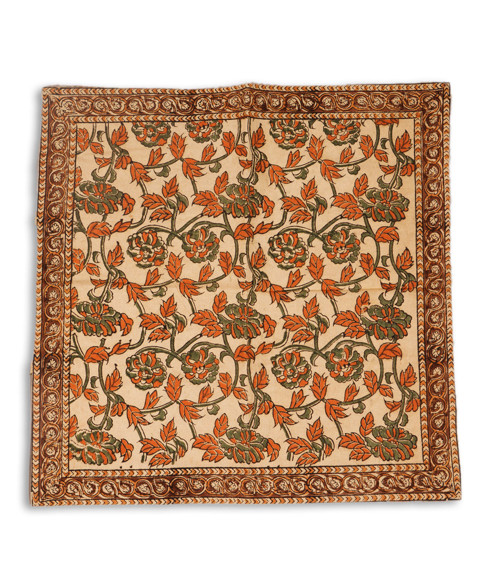Cream brown cotton hand block print kalamkari cushion cover