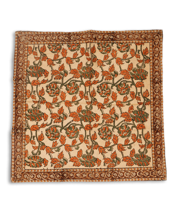 Cream brown cotton hand block print kalamkari cushion cover
