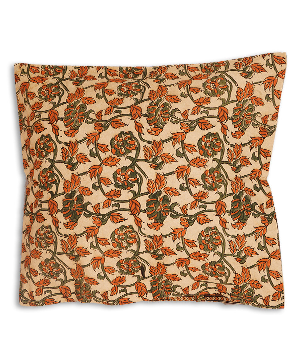 Cream brown cotton hand block print kalamkari cushion cover