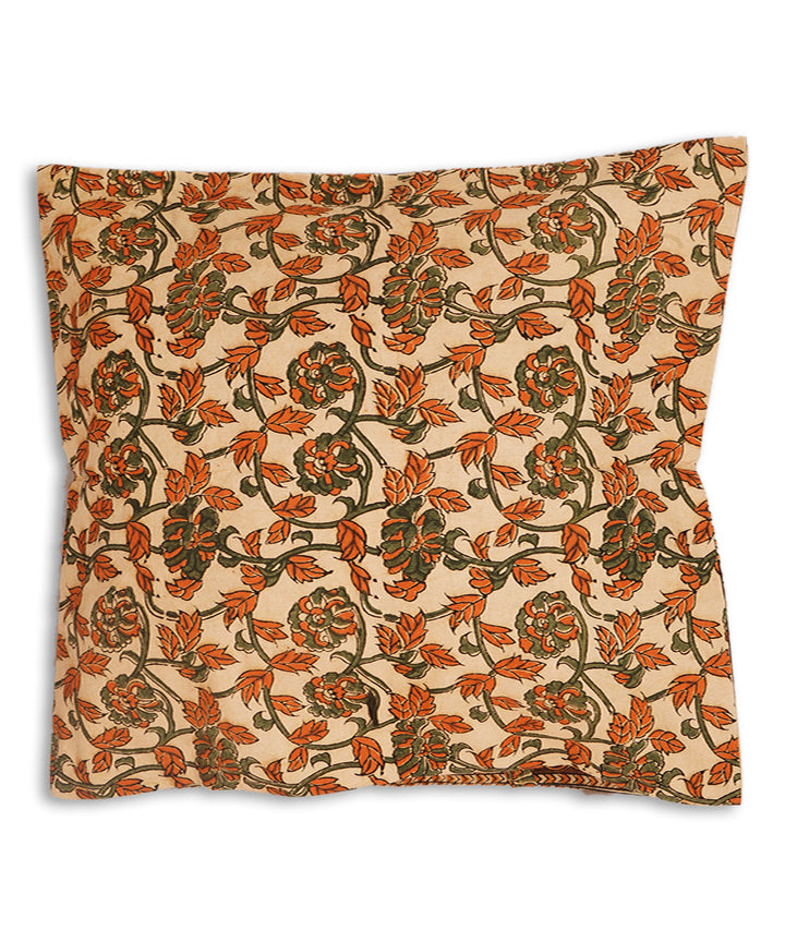 Cream brown cotton hand block print kalamkari cushion cover