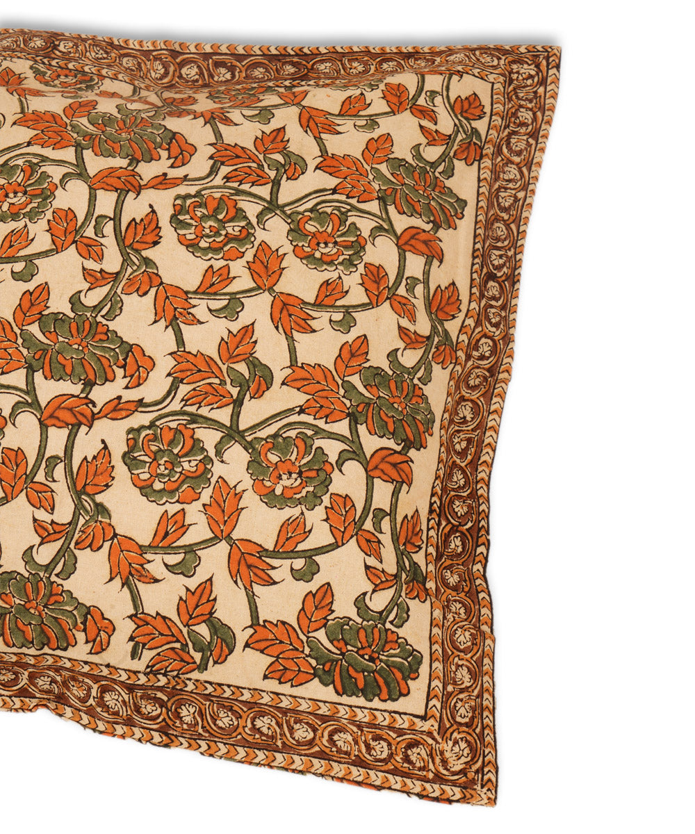 Cream brown cotton hand block print kalamkari cushion cover