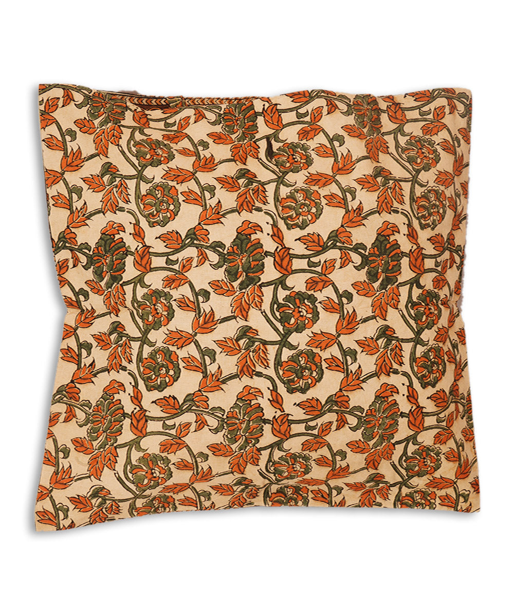 Cream brown cotton hand block print kalamkari cushion cover