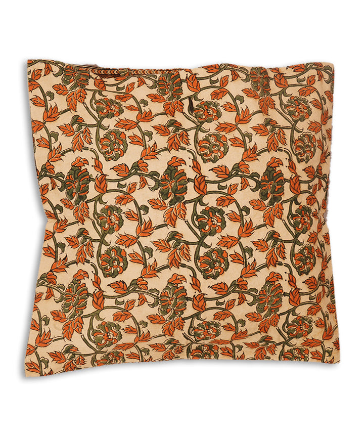 Cream brown cotton hand block print kalamkari cushion cover
