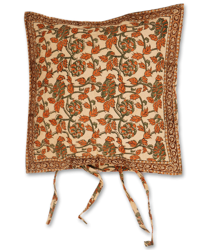 Cream brown cotton hand block print kalamkari cushion cover