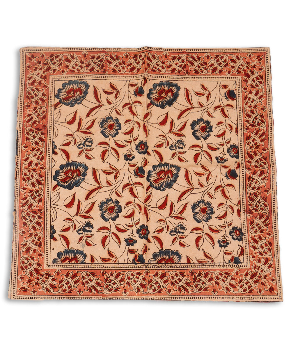 Light cream cotton hand block print kalamkari cushion cover