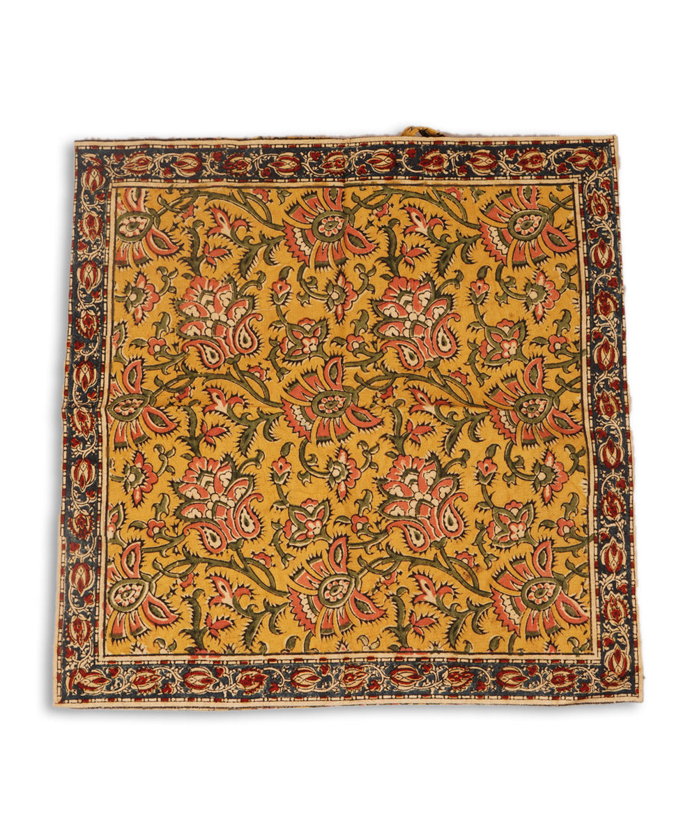 Yellow multicolor cotton hand block print kalamkari cushion cover