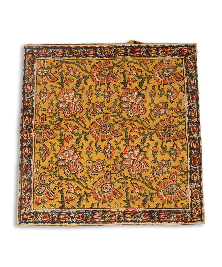 Yellow multicolor cotton hand block print kalamkari cushion cover