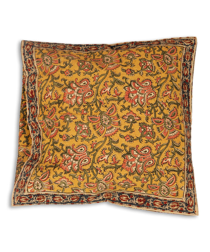 Yellow multicolor cotton hand block print kalamkari cushion cover