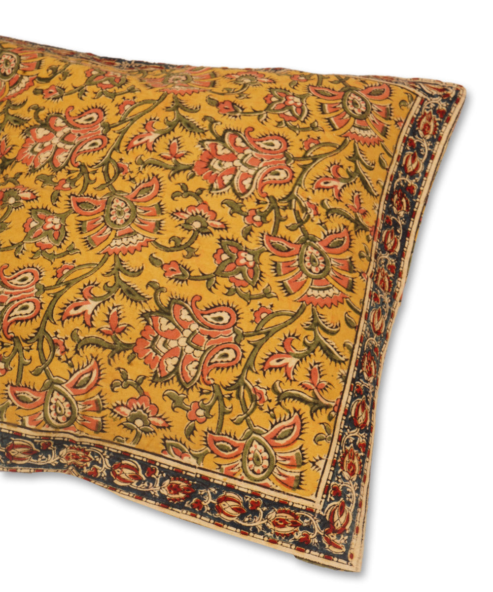 Yellow multicolor cotton hand block print kalamkari cushion cover
