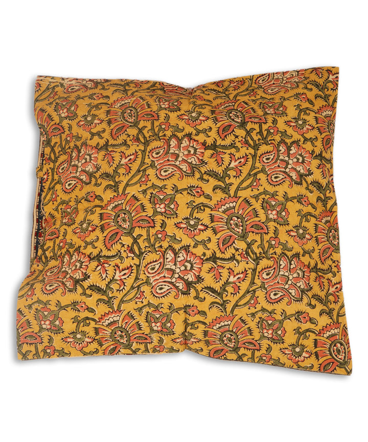 Yellow multicolor cotton hand block print kalamkari cushion cover