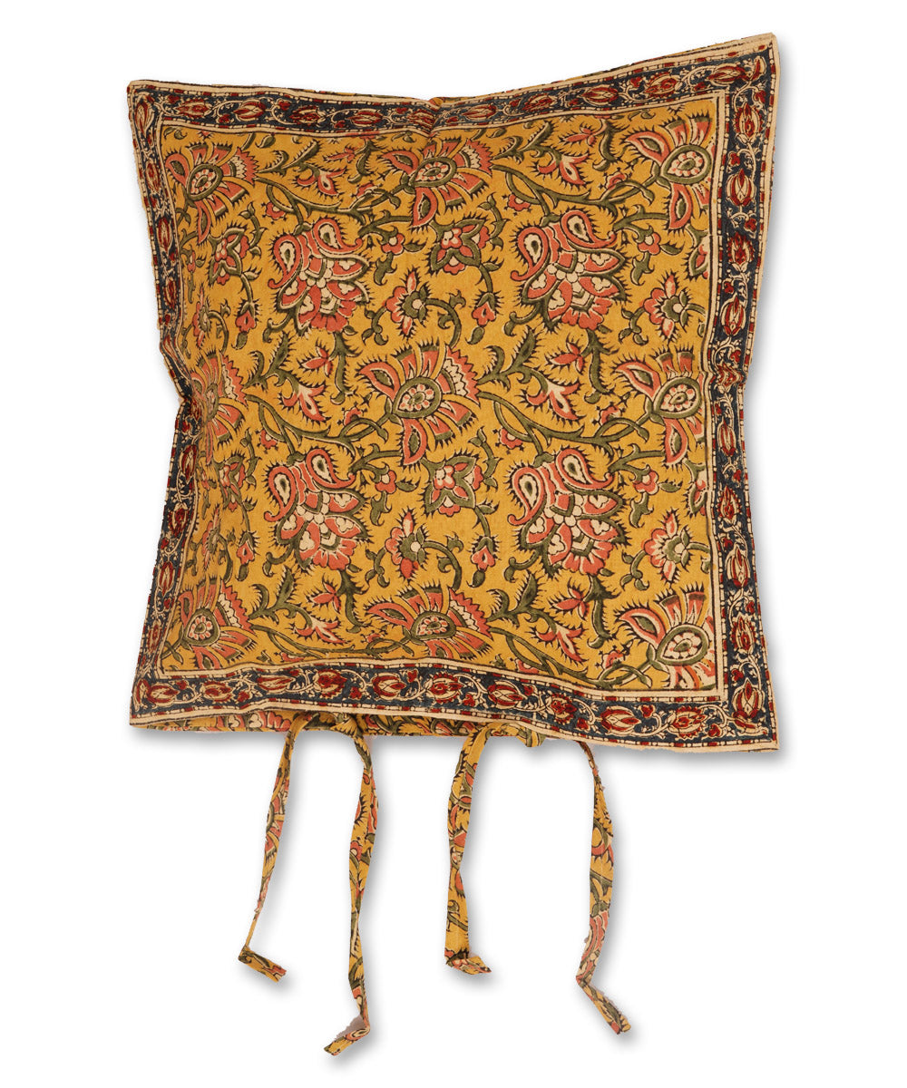 Yellow multicolor cotton hand block print kalamkari cushion cover