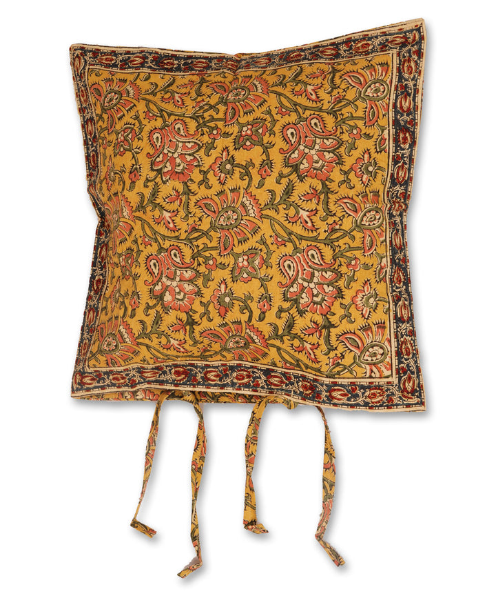 Yellow multicolor cotton hand block print kalamkari cushion cover
