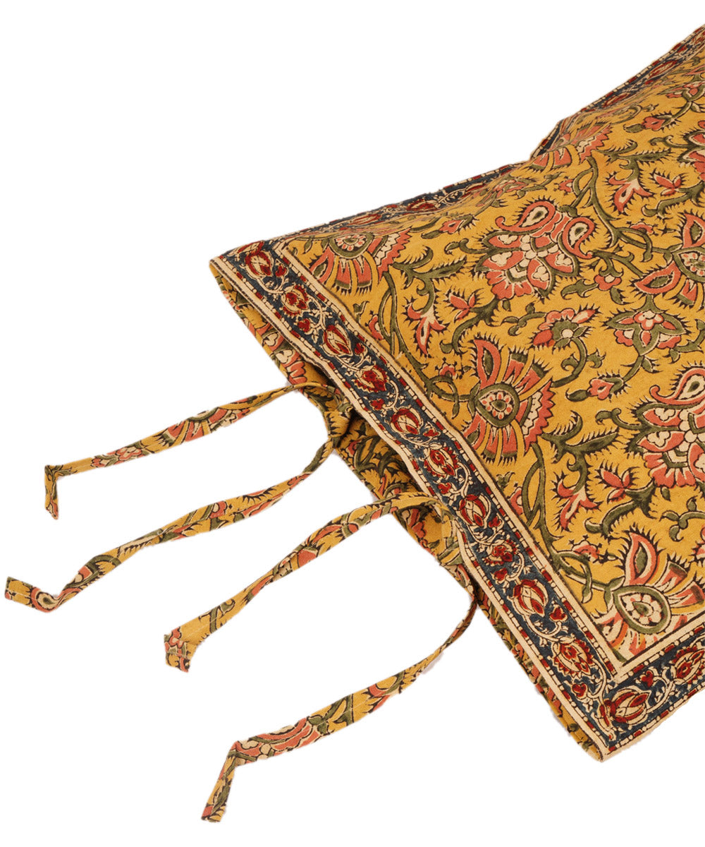 Yellow multicolor cotton hand block print kalamkari cushion cover