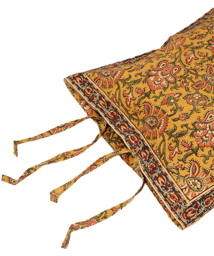 Yellow multicolor cotton hand block print kalamkari cushion cover