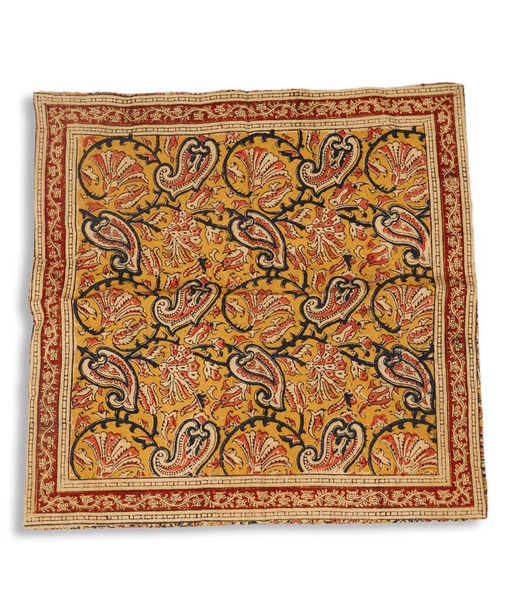 Yellow cotton hand block print kalamkari cushion cover