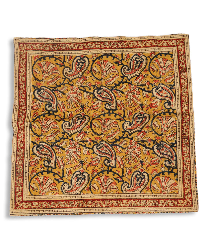 Yellow cotton hand block print kalamkari cushion cover
