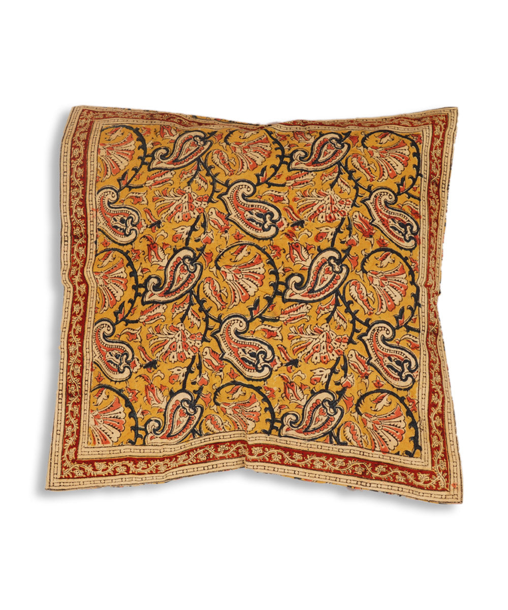 Yellow cotton hand block print kalamkari cushion cover