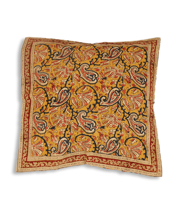 Yellow cotton hand block print kalamkari cushion cover