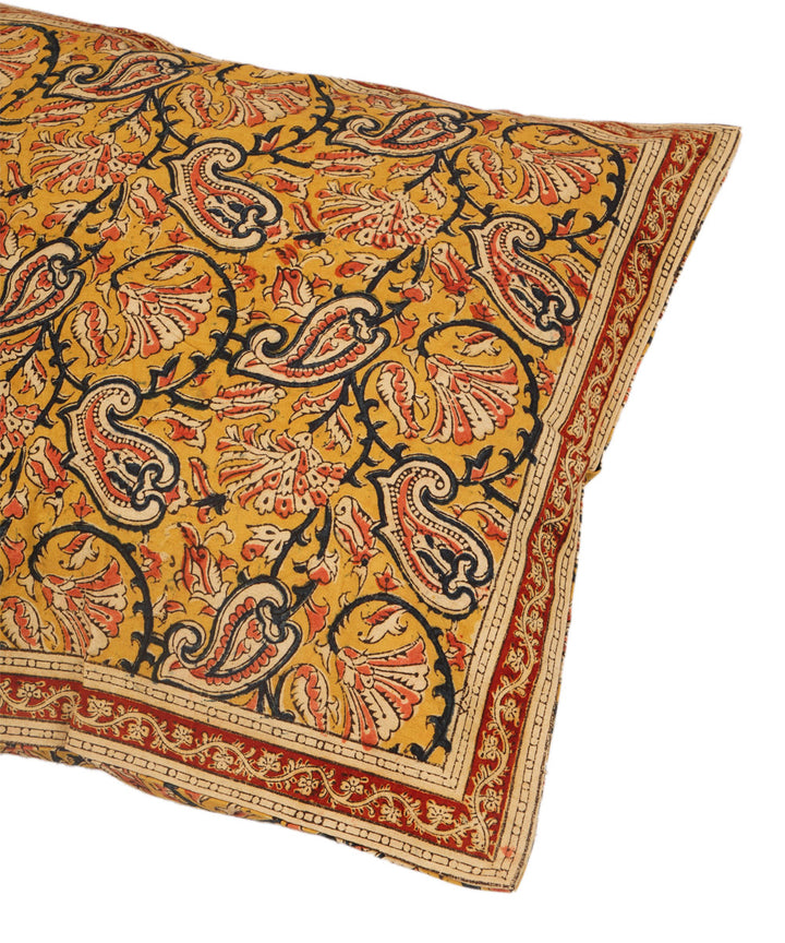 Yellow cotton hand block print kalamkari cushion cover