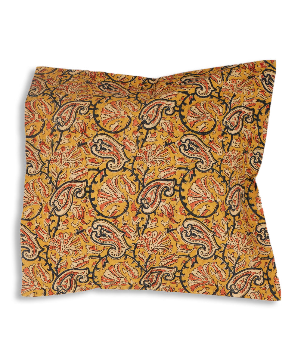 Yellow cotton hand block print kalamkari cushion cover