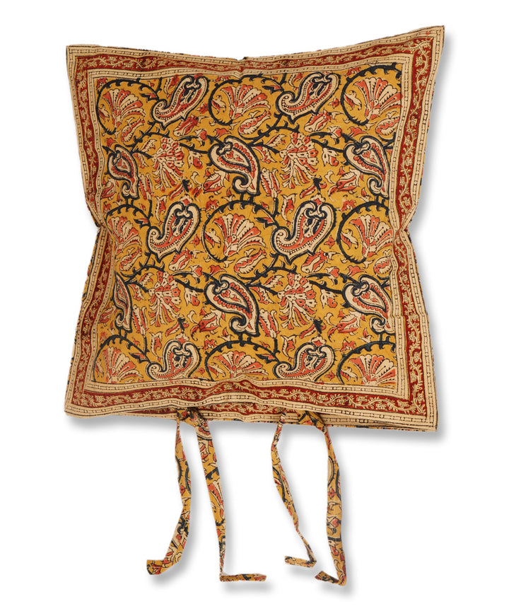 Yellow cotton hand block print kalamkari cushion cover