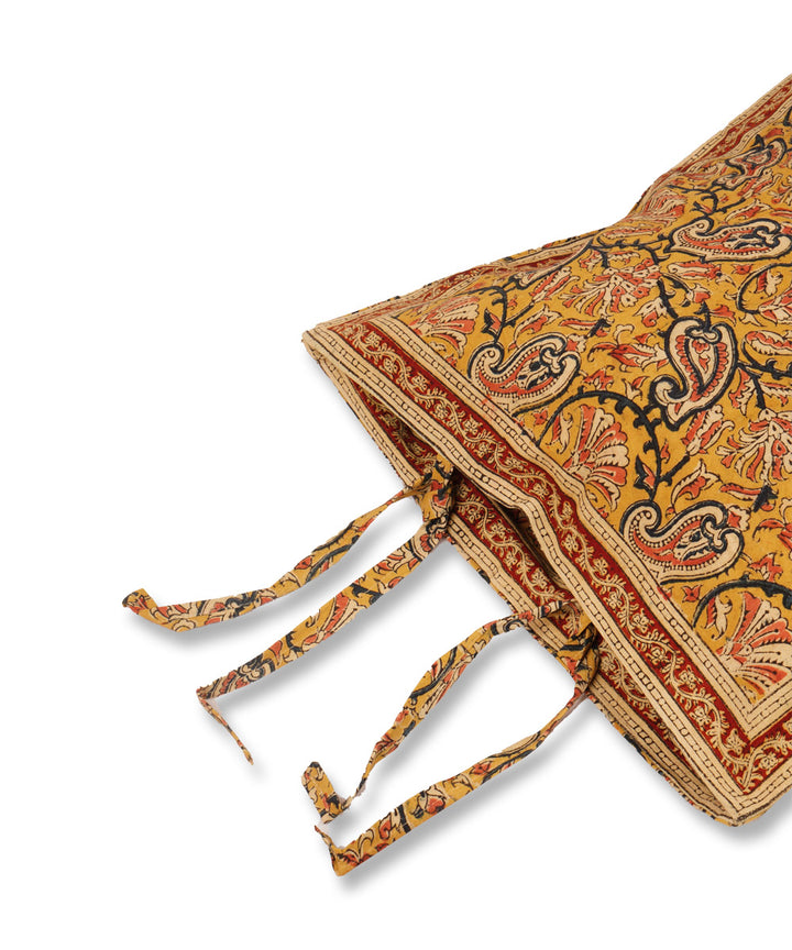 Yellow cotton hand block print kalamkari cushion cover