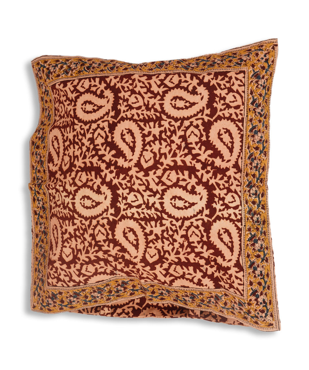 Dark maroon cotton hand block print kalamkari cushion cover