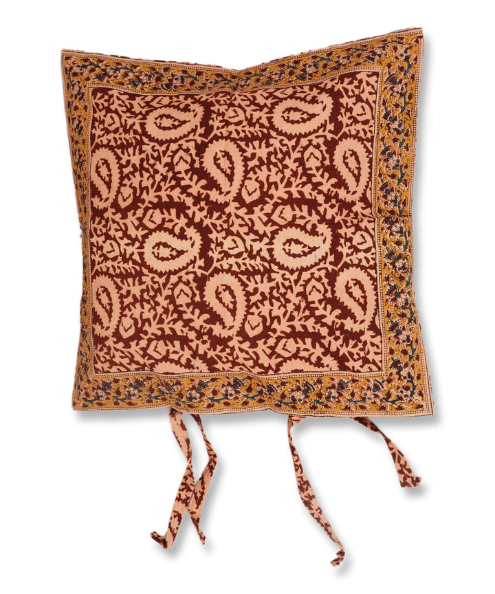 Dark maroon cotton hand block print kalamkari cushion cover