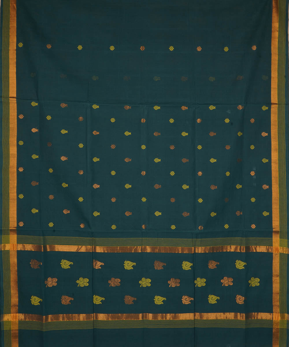 Dark blue green cotton handwoven venkatagiri saree