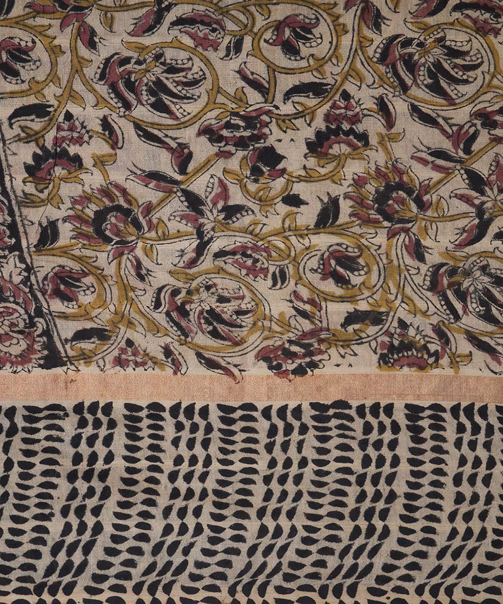 Brown beige cotton handblock printed kalamkari saree