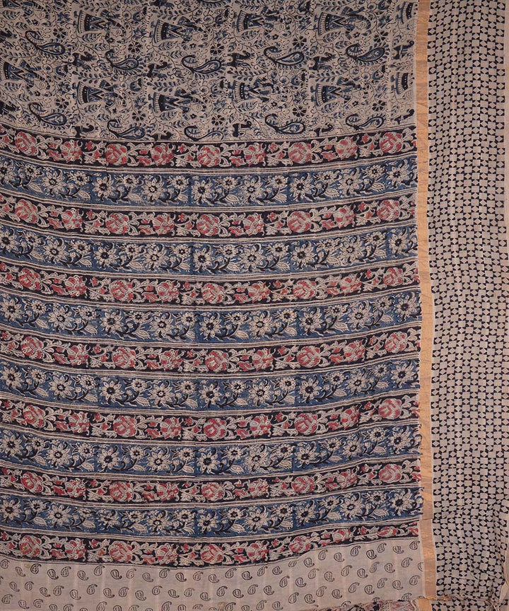 Blue beige cotton handblock printed kalamkari saree