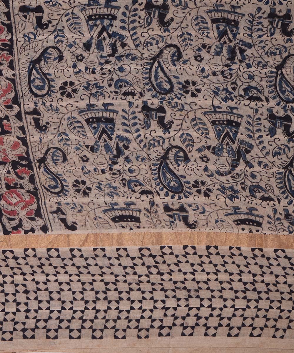 Blue beige cotton handblock printed kalamkari saree