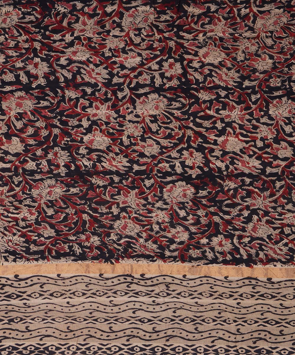 Brown cream cotton handblock printed kalamkari saree