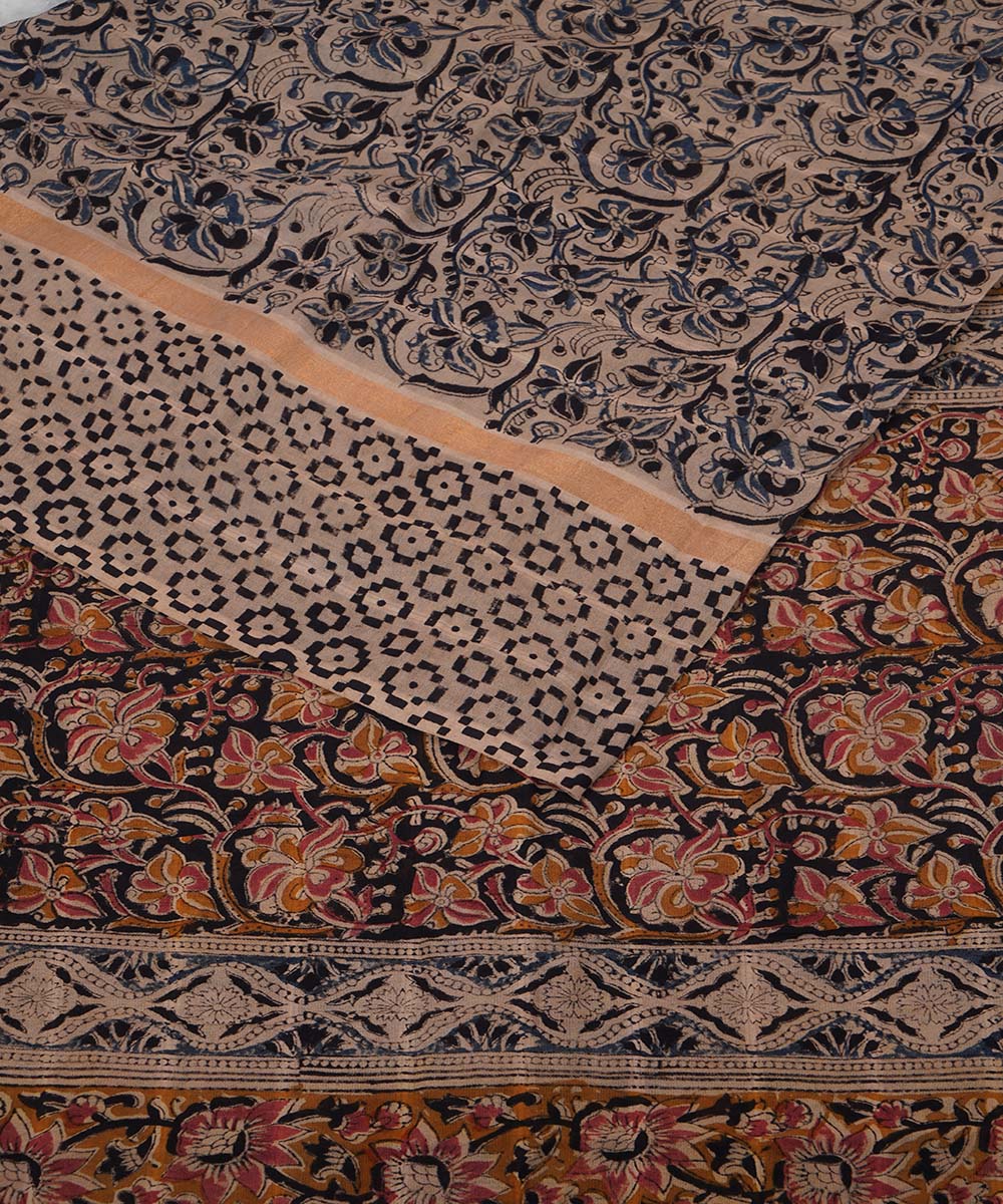 Beige brown cotton handblock printed kalamkari saree
