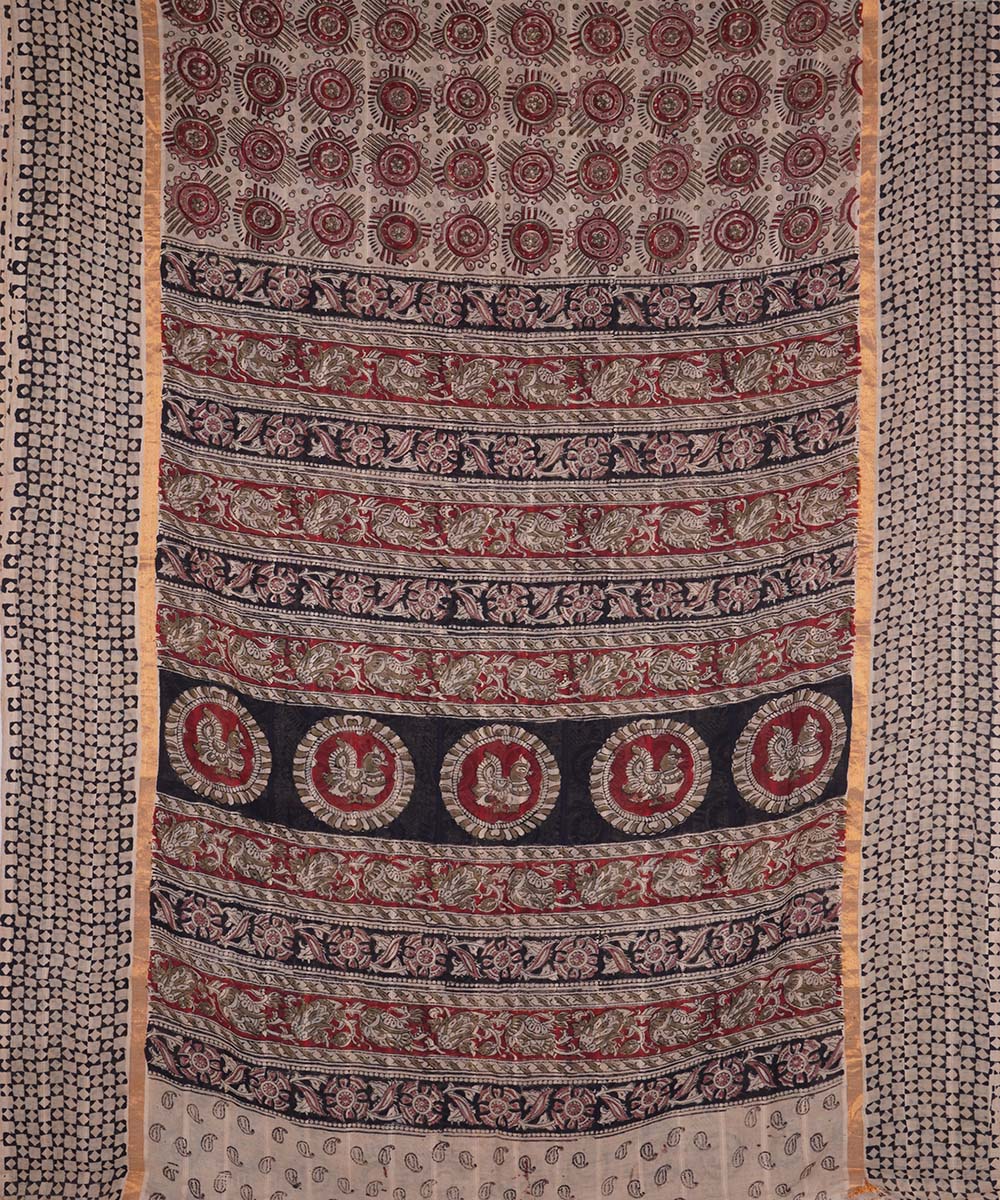 Maroon beige cotton handblock printed kalamkari saree