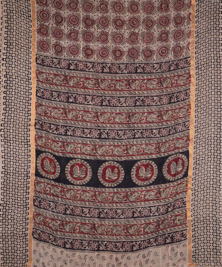 Maroon beige cotton handblock printed kalamkari saree