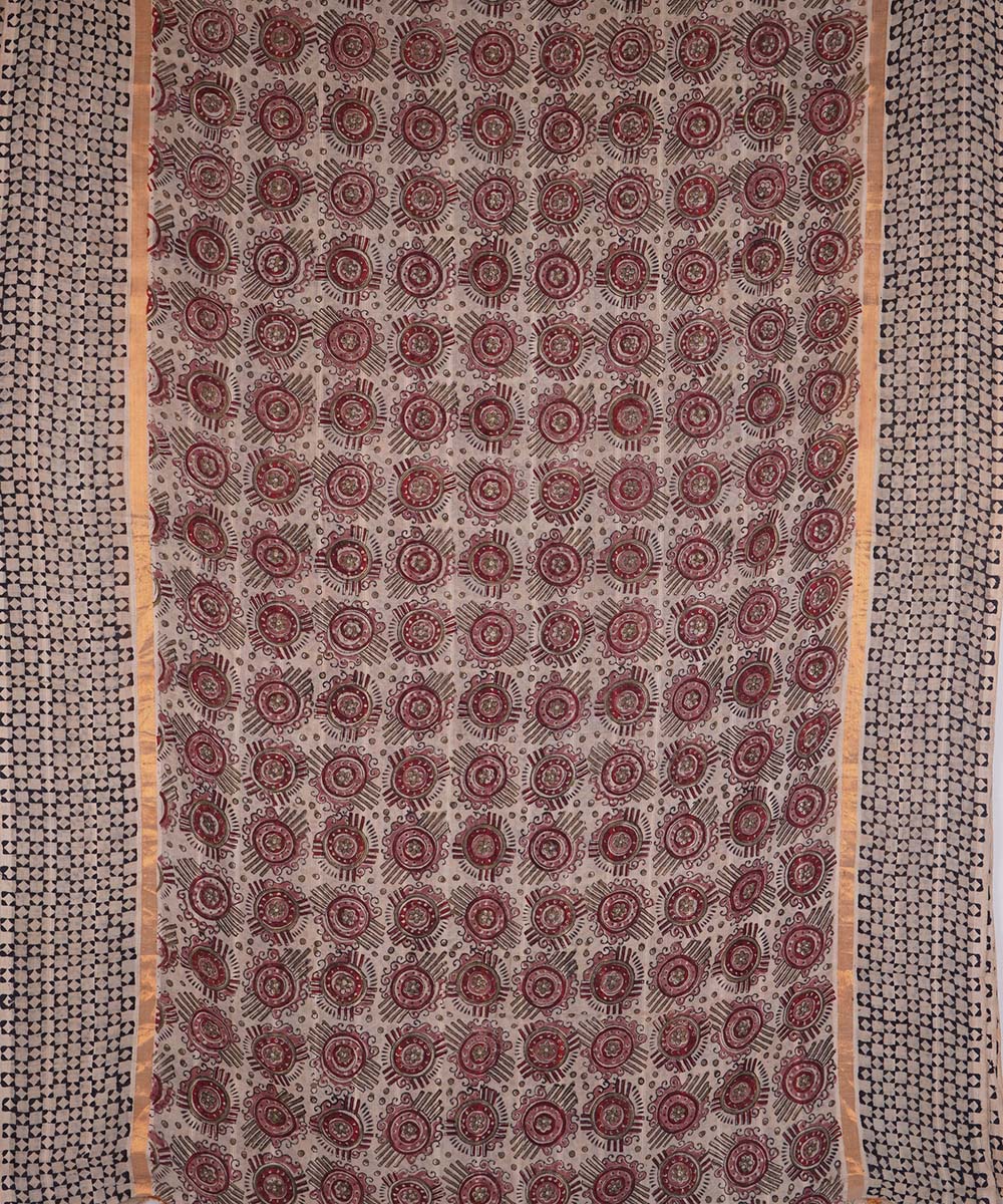 Maroon beige cotton handblock printed kalamkari saree