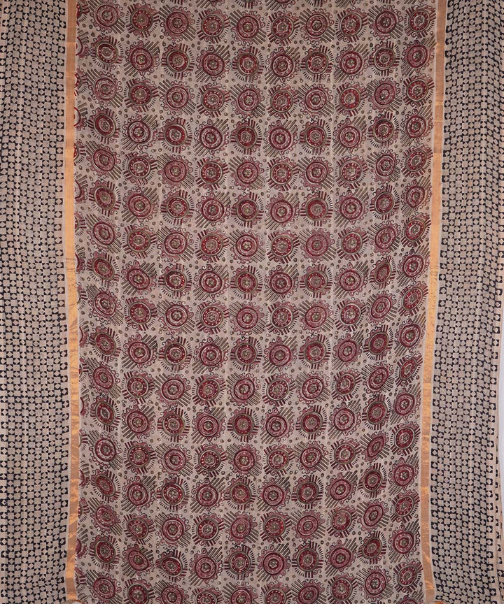 Maroon beige cotton handblock printed kalamkari saree