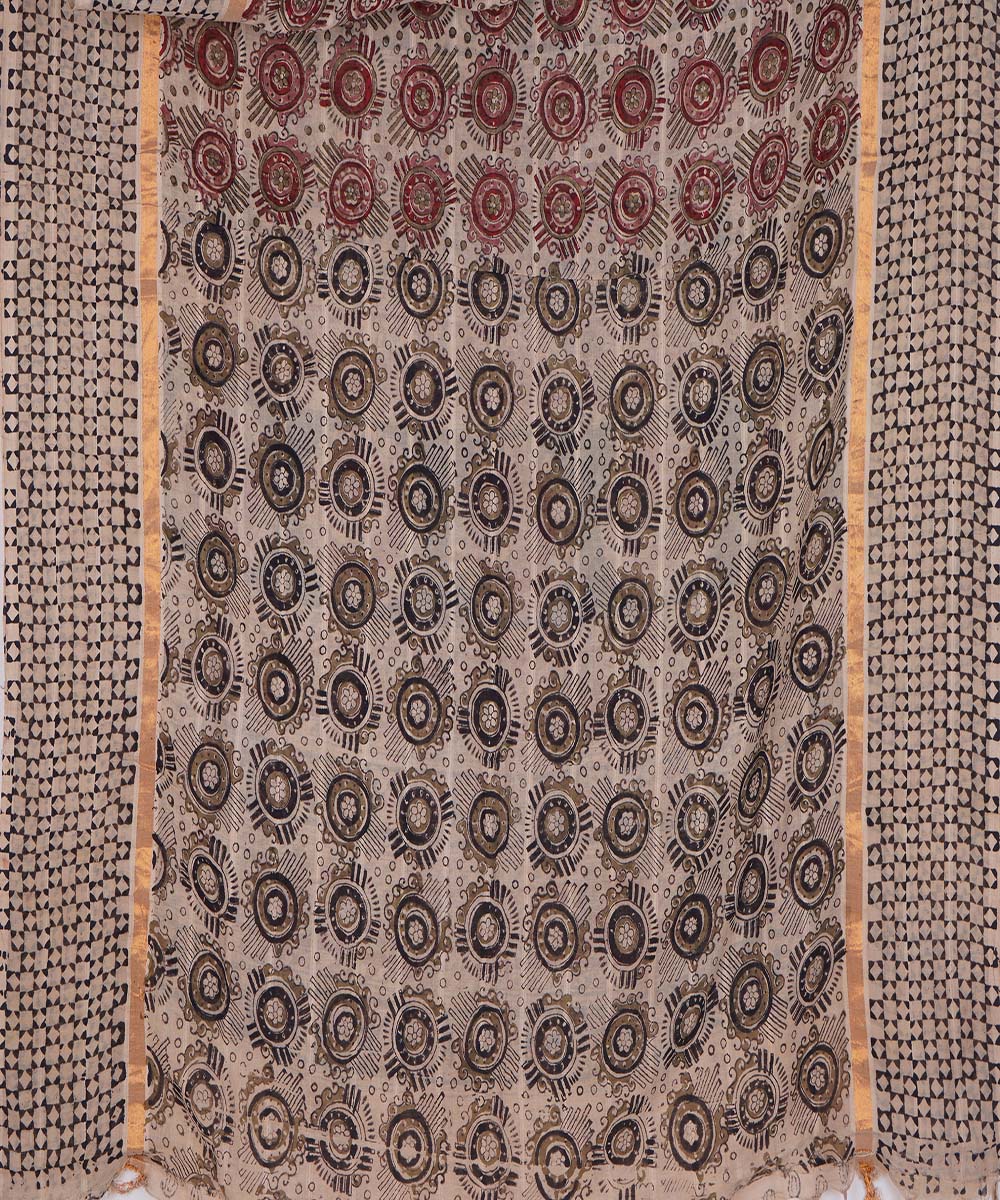 Maroon beige cotton handblock printed kalamkari saree