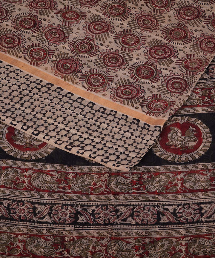 Maroon beige cotton handblock printed kalamkari saree