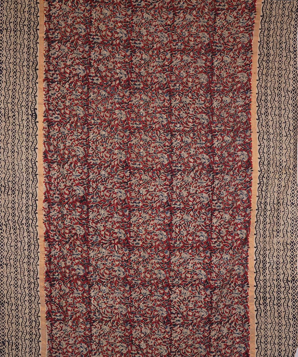Dark red beige cotton handblock printed kalamkari saree