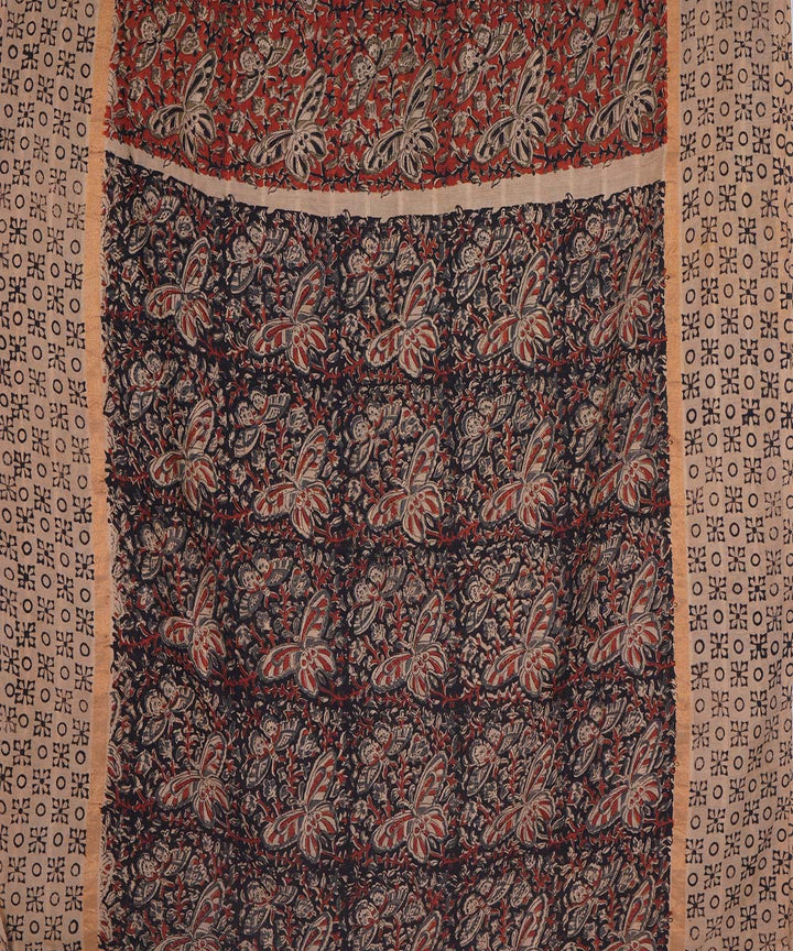 Maroon beige cotton hand block printed kalamkari saree