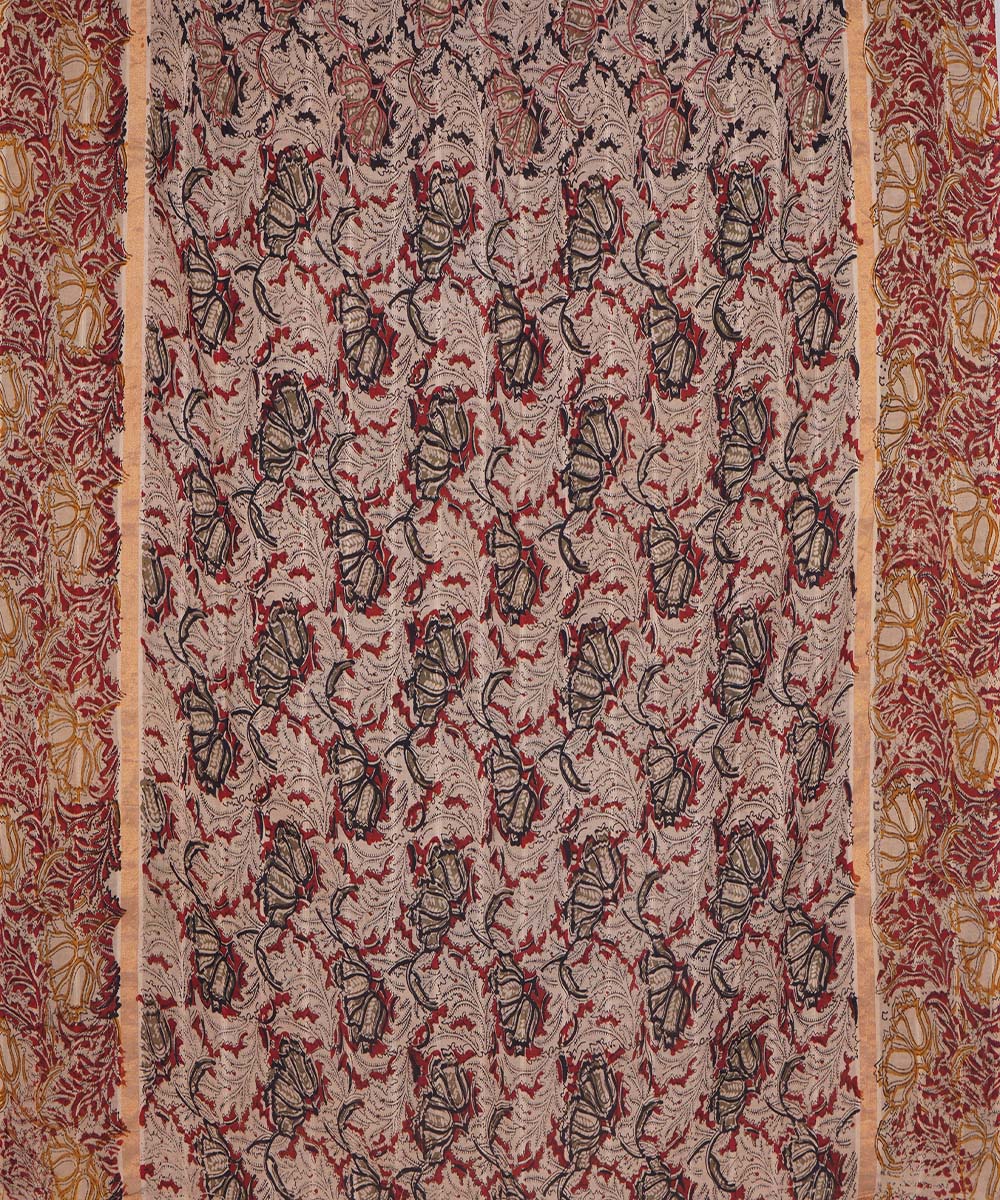 Beige red cotton handblock printed kalamkari saree