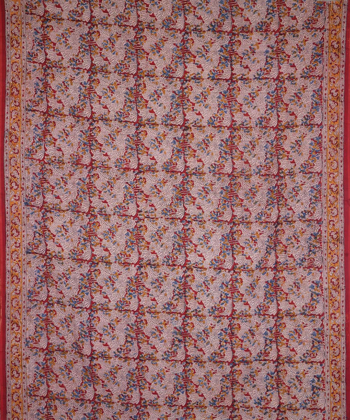 Beige cotton handblock printed kalamkari saree