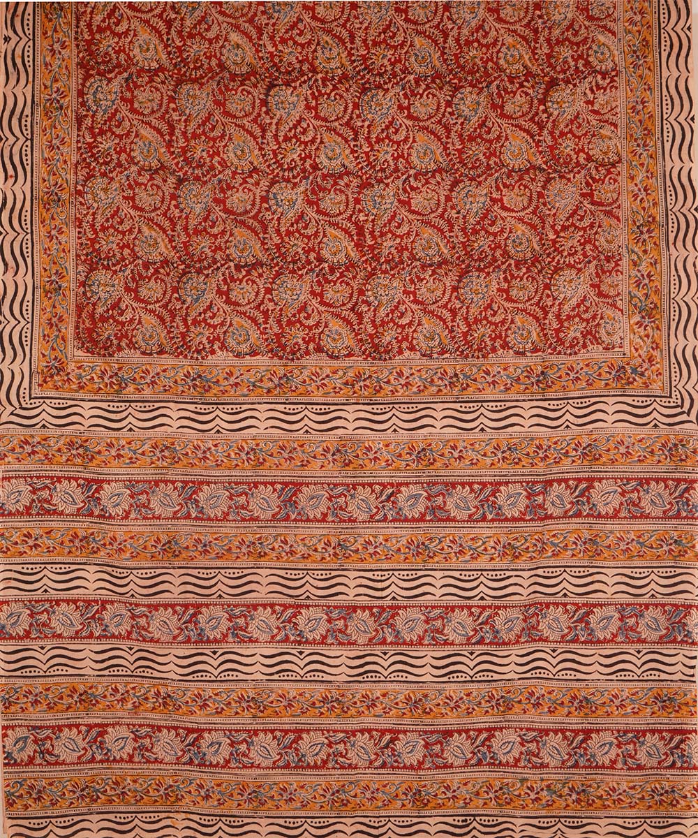 Red on beige cotton handblock printed kalamkari saree