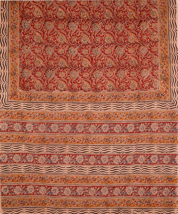 Red on beige cotton handblock printed kalamkari saree
