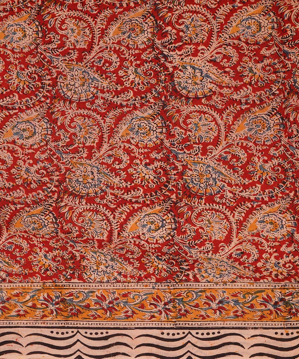 Red on beige cotton handblock printed kalamkari saree
