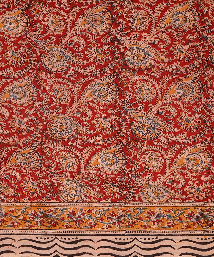 Red on beige cotton handblock printed kalamkari saree