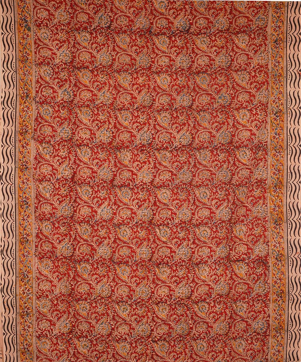 Red on beige cotton handblock printed kalamkari saree