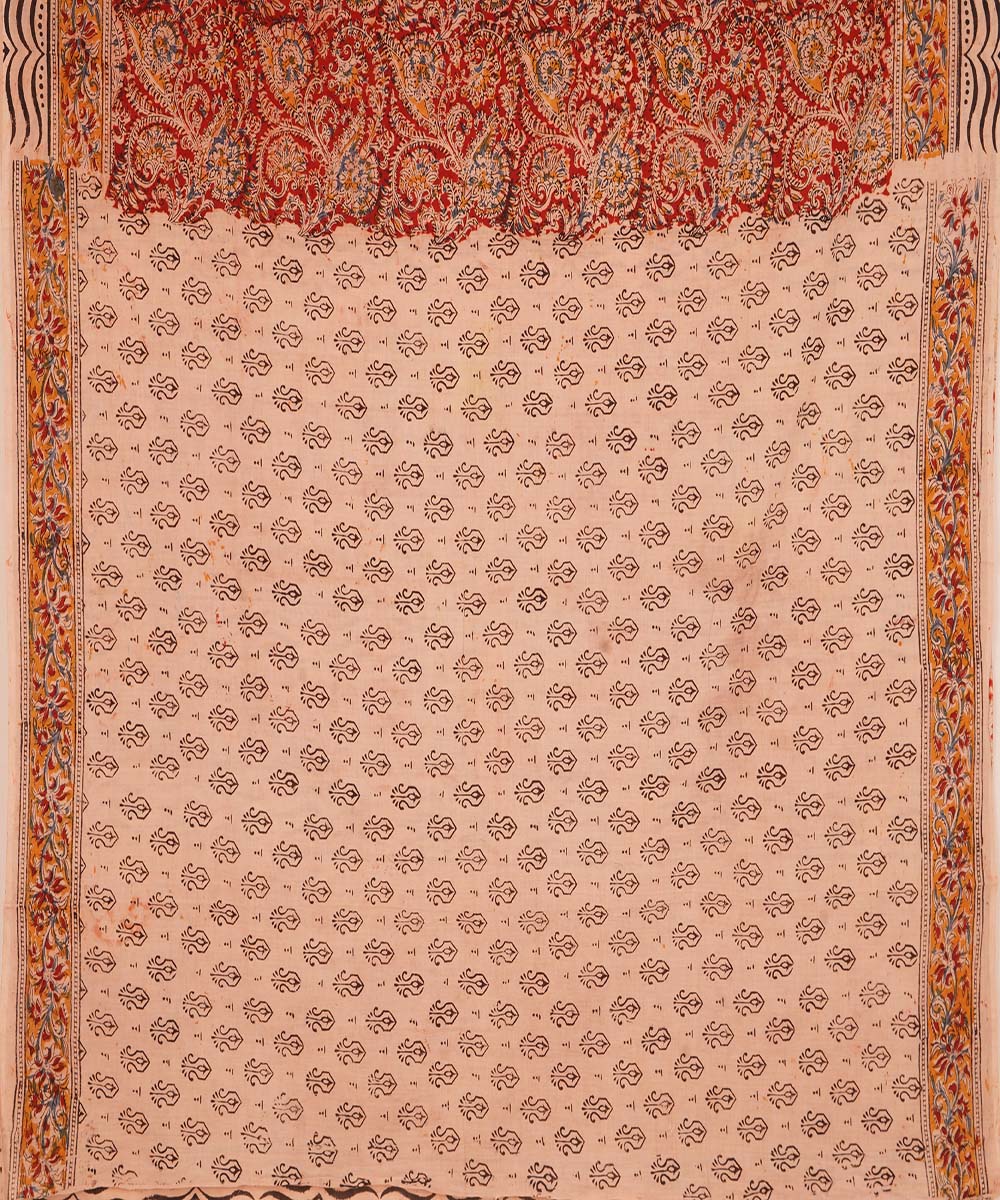 Red on beige cotton handblock printed kalamkari saree